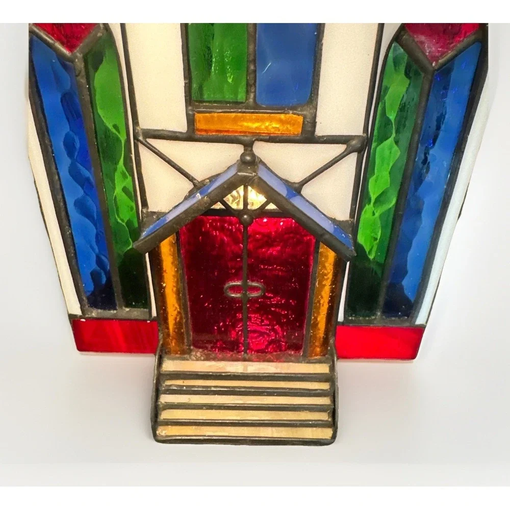 Vtg Tiffany Style Xmas Stained Glass Village Victorian Houses Church Replacement
